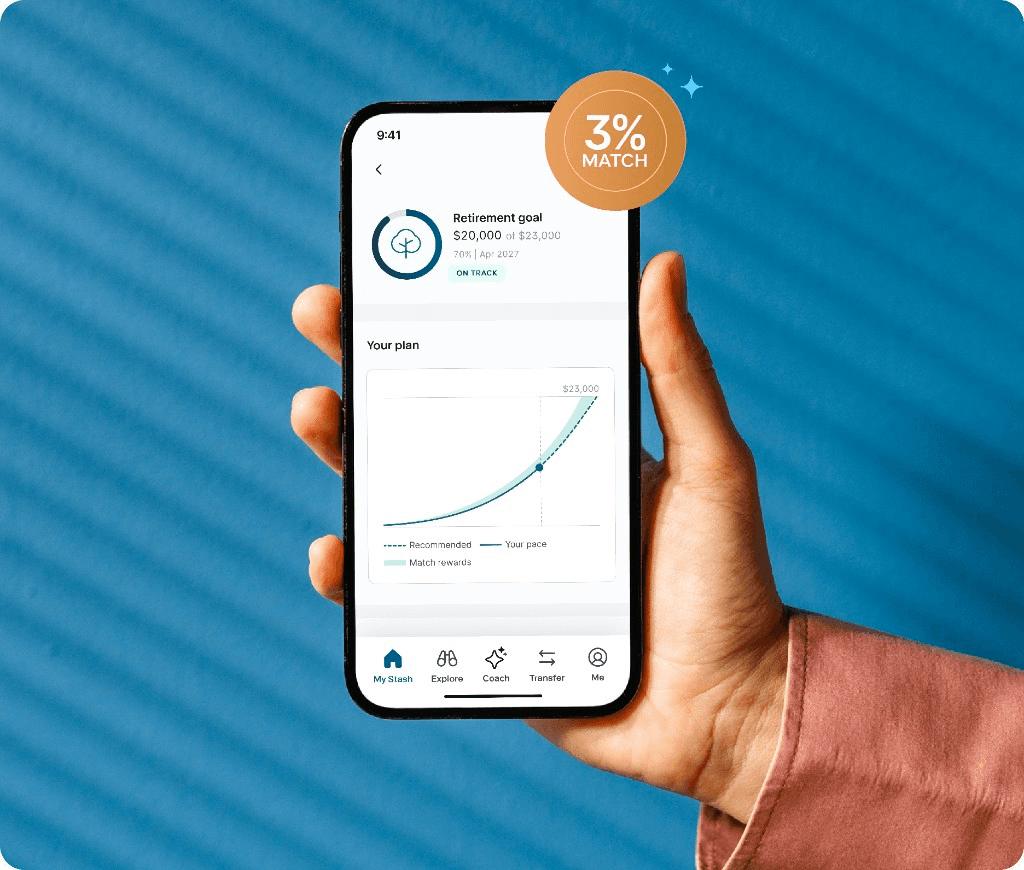 Hand holding a phone showing a Stash retirement goal of $20,000 of $23,000, on track, with a 3% match badge.
