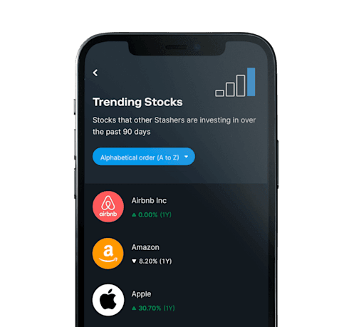 Stash mobile app showing stocks to invest in.