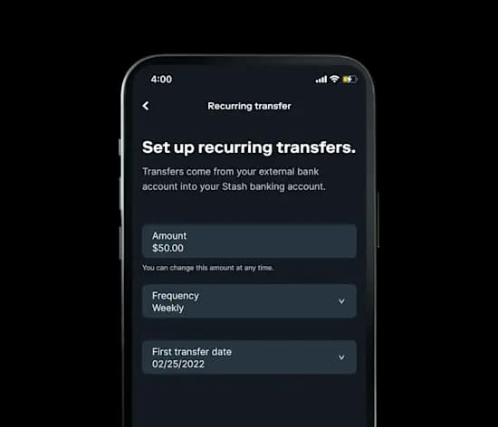 Recurring transfers feature in stash mobile banking app.
