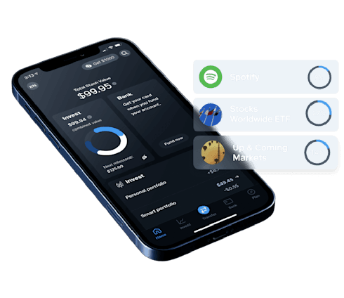 Stash investing app on iphone with illustrated investments in spotify, etfs and Bitcoin.