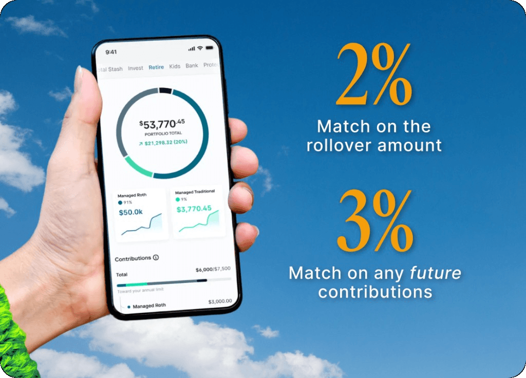 Hand holding a phone showing a Stash retirement portfolio, with 2% match on the rollover amount and 3% match on any future contributions. 32px transparent rounded corners. Unpublished draft for /retire/rollover.