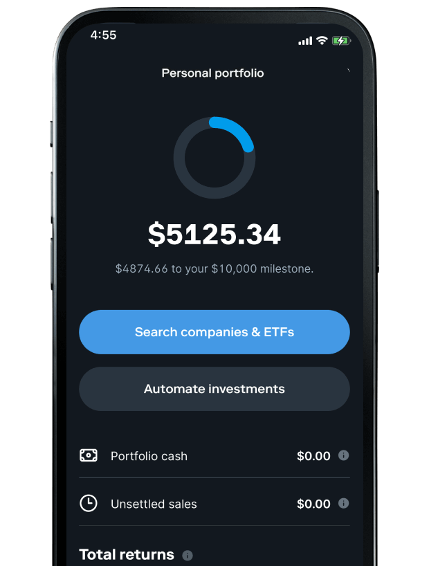 Investments summary showing balance of stocks and ETFs.