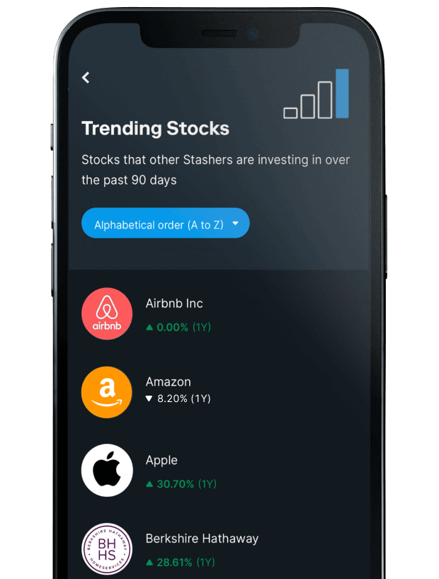 Stash mobile app showing stocks to invest in.