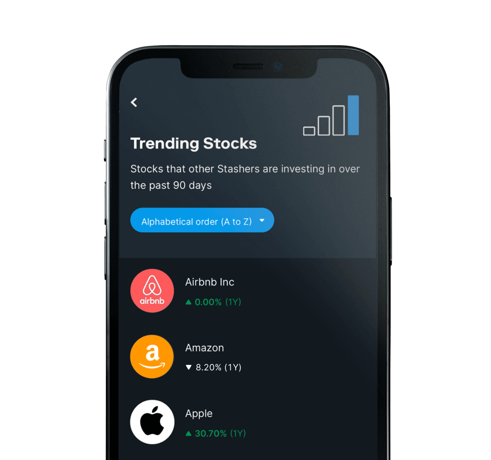 Stash mobile app showing stocks to invest in.