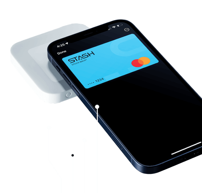 Iphone with stash stock back card being used to make a purchase.