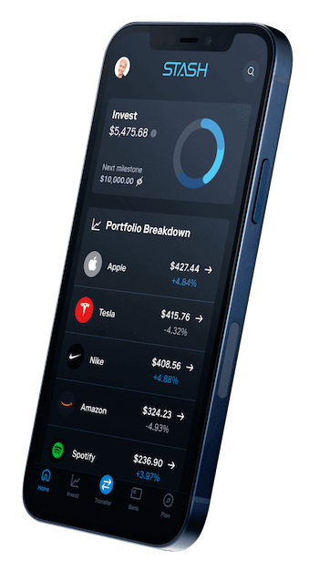 Iphone screen showing the portfolio breakdown of investments made in the Stash app. Companies invested in are apple, tesla, nike, amazon and spotify.