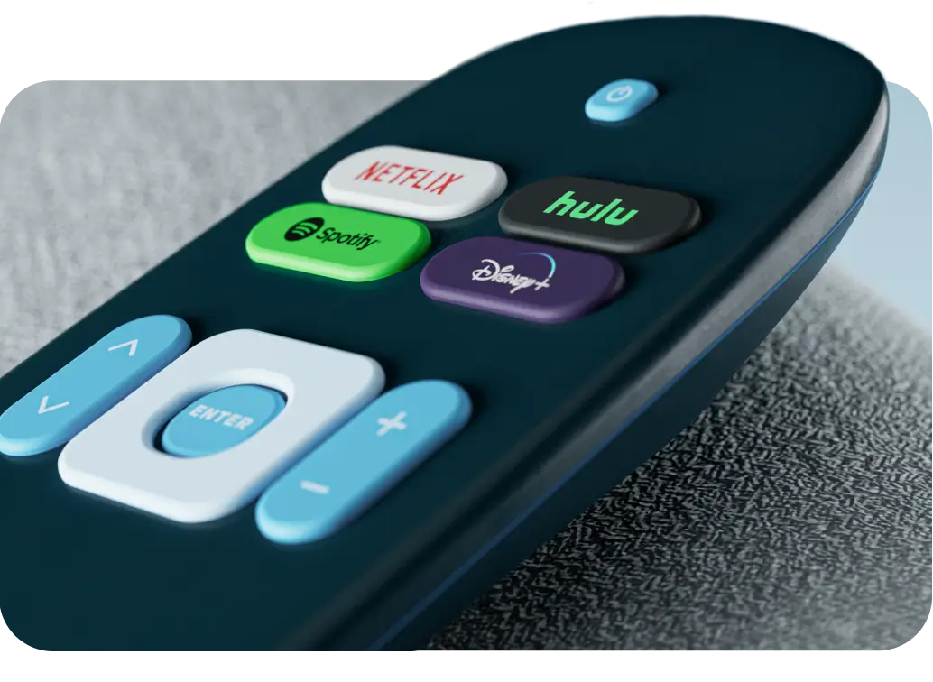 A smart TV remote with channel and volume buttons, as well as buttons for streaming apps.