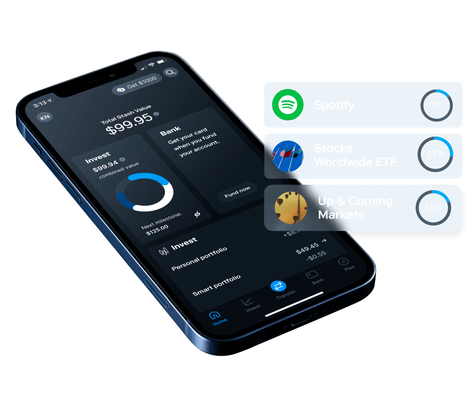 Stash investing app on iphone with illustrated investments in spotify, etfs and Bitcoin.