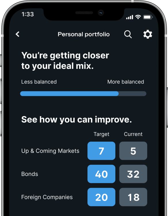 An iphone running the stash investing app showing investing advice on how to manage portfolio mix and diversification options.