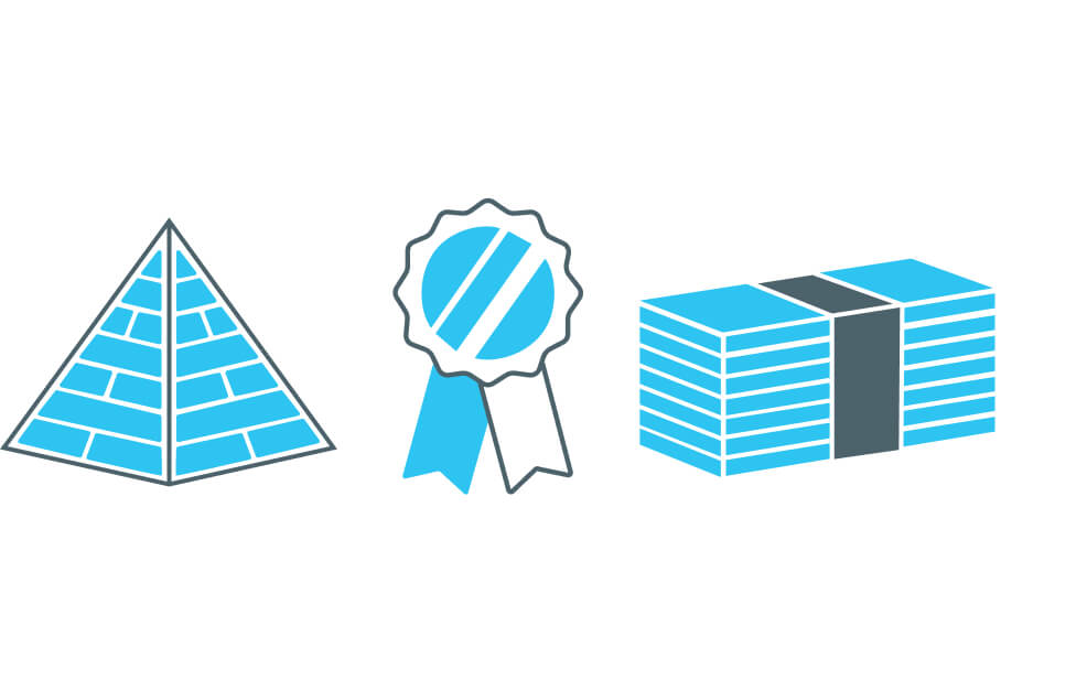 Illustration of a pyramid, ribbon and stack of cash.