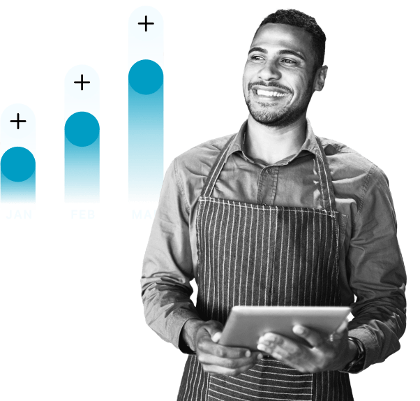 Man with chart showing increases in investments over time