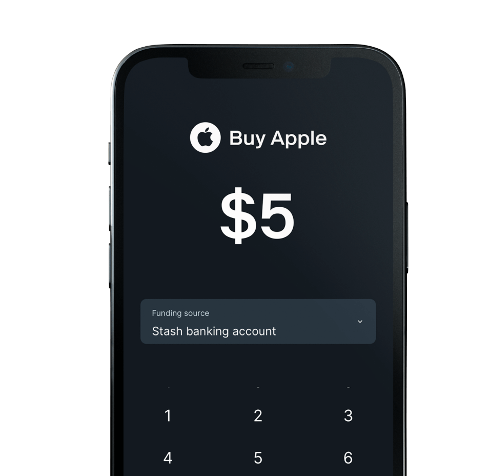 A mobile phone showing a user purchasing $5 worth of apple stock.