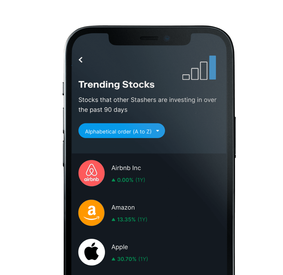 A mobile phone showing trending stocks users can purchase shares of, using the stash app.