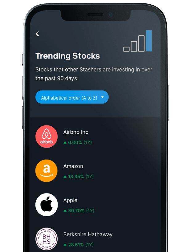 A mobile phone showing trending stocks users can purchase shares of, using the stash app.