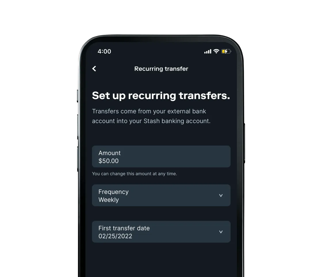 Recurring transfers feature in stash mobile banking app.