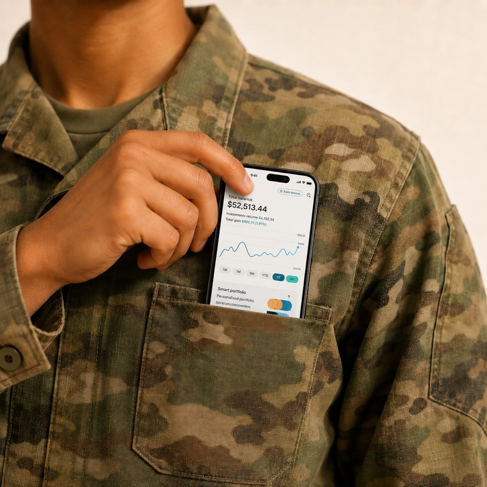 A phone showing the Stash app tucked into the chest pocket of a camouflage uniform, displaying a balance and an investment chart.
